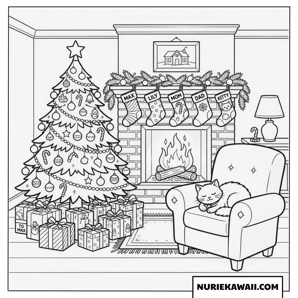 クリスマス 塗り絵 猫と暖炉