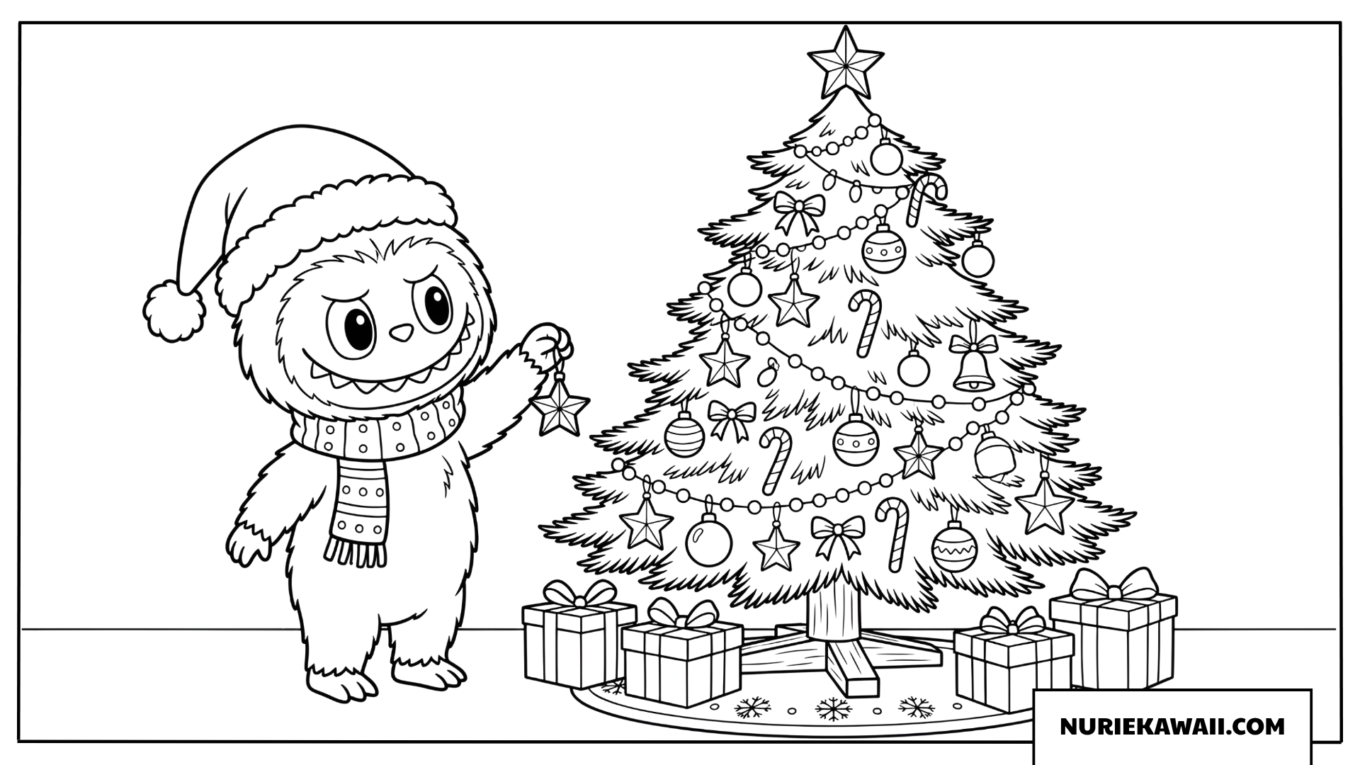 Labubuのクリスマスツリー飾り付け塗り絵