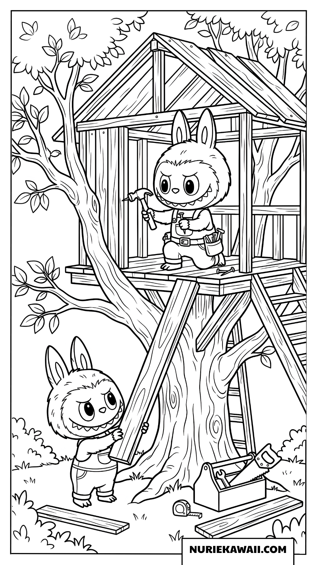 Labubuのツリーハウス作り塗り絵