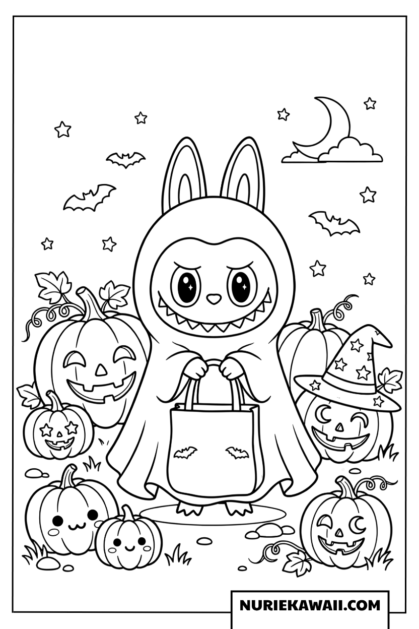 Labubuのトリック・オア・トリートお菓子集め塗り絵