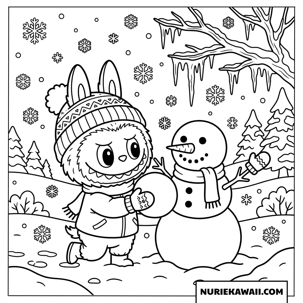Labubuの冬の雪だるま作り塗り絵