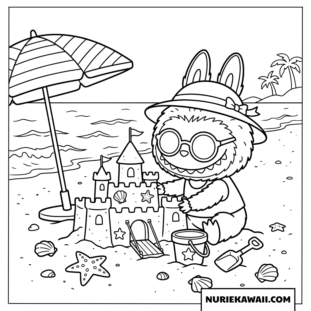 Labubuの夏の砂の城作り塗り絵