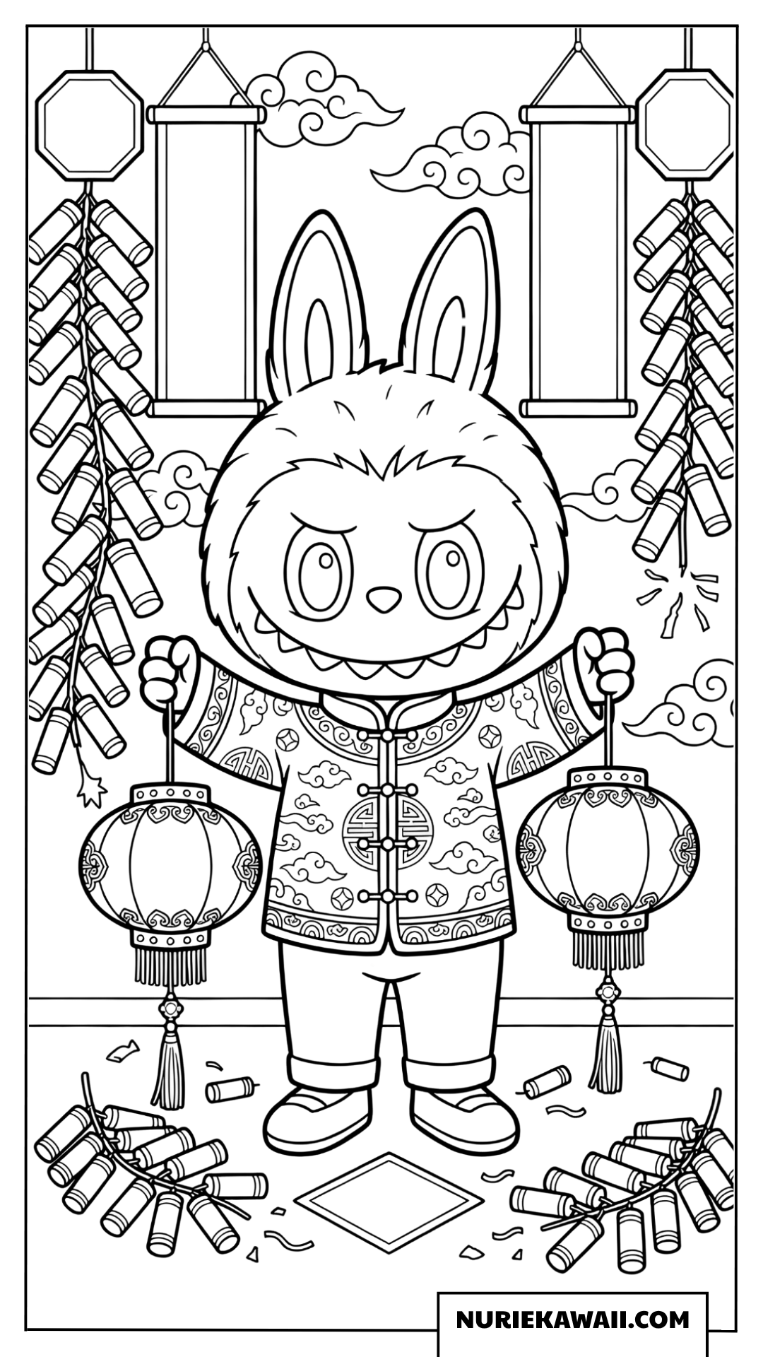 Labubuの提灯と爆竹お祝い塗り絵