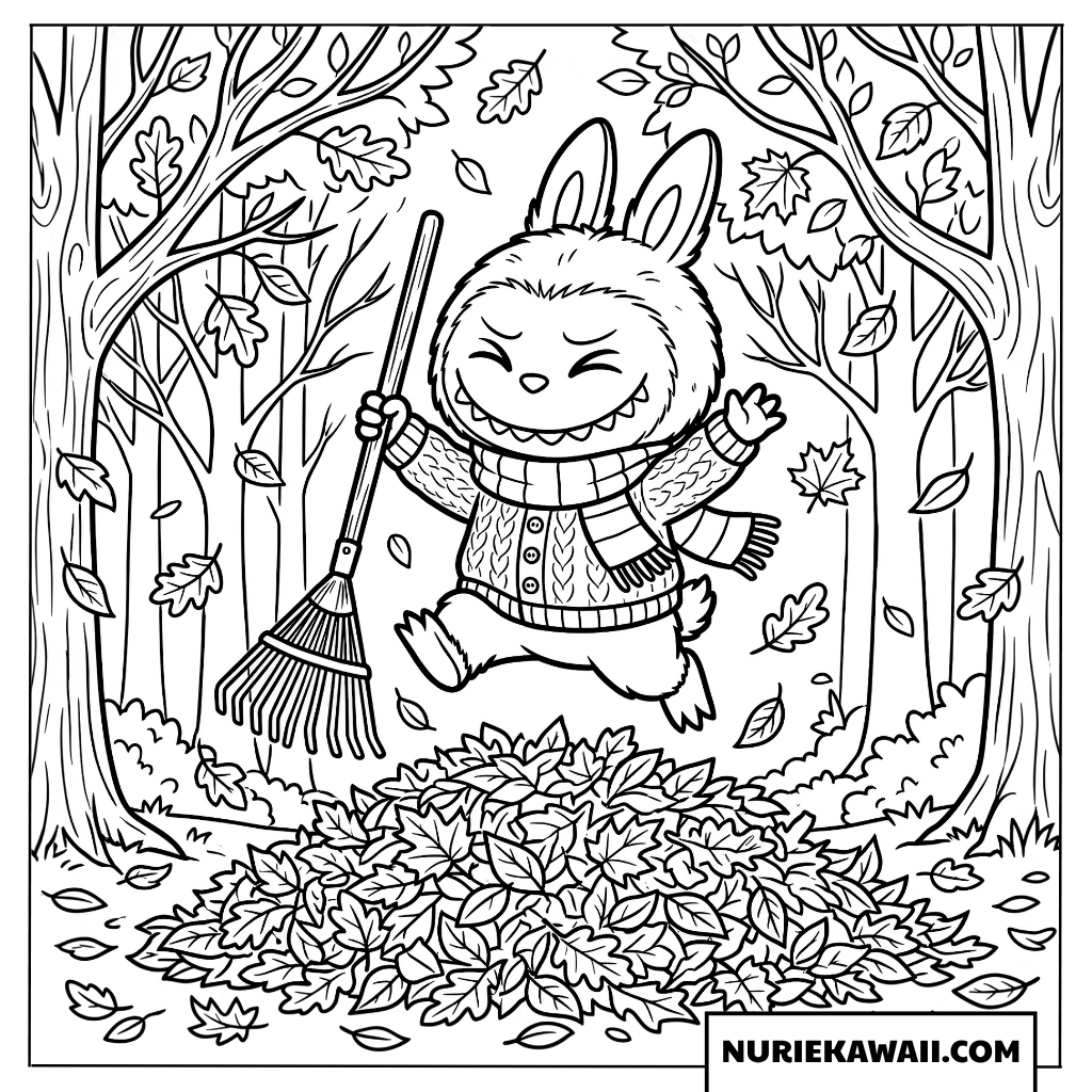 Labubuの秋の落ち葉遊び塗り絵