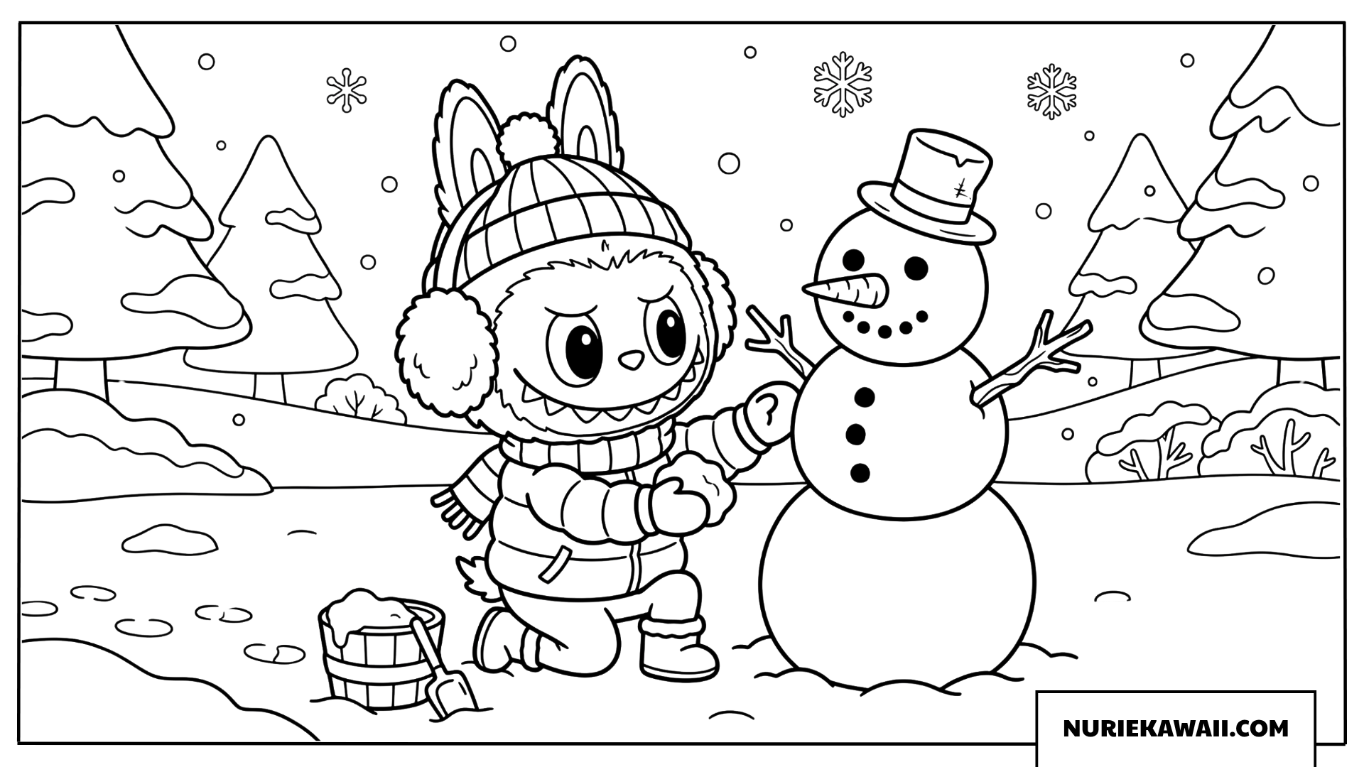 Labubuの雪だるま作り塗り絵