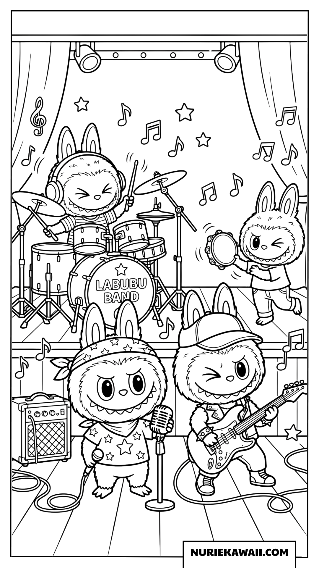 Labubuバンドのライブステージ塗り絵