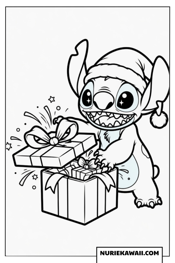 Santa-bō o kabutta sutitchi ga purezento no hako o akete iru