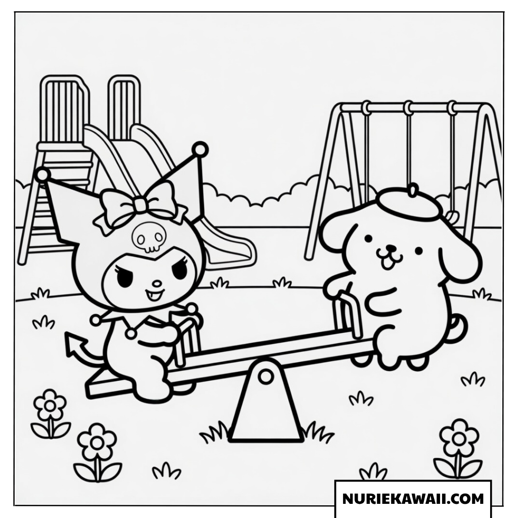 クロミがポムポムプリンと一緒にシーソーに乗っている