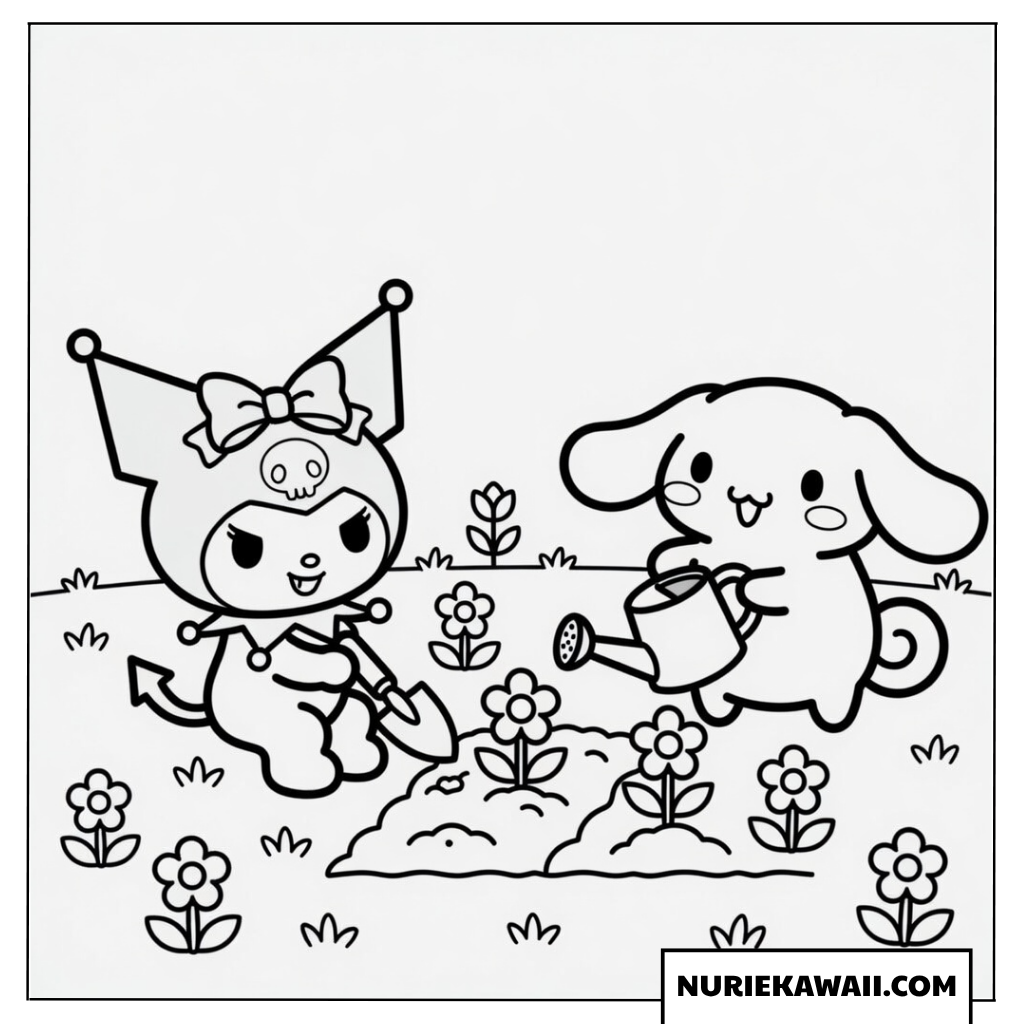 クロミとシナモロールが花を植える