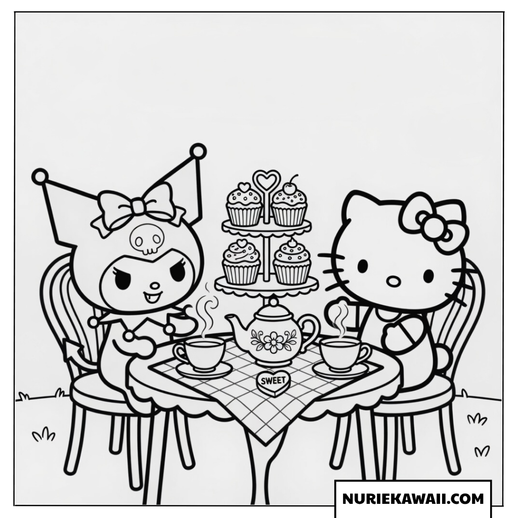 クロミとハローキティがお茶会をしている