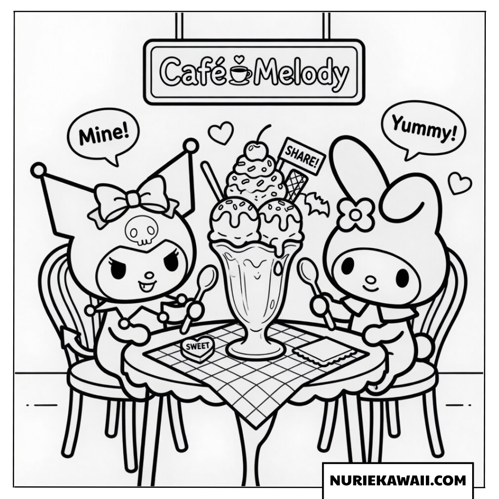 クロミとマイメロディが一緒にアイスクリームサンデーを食べている