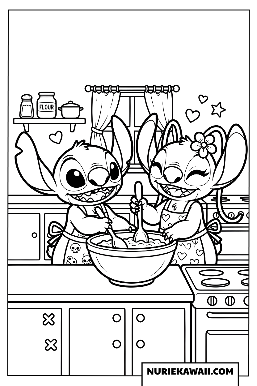 スティッチとエンジェル キッチンクッキング 塗り絵