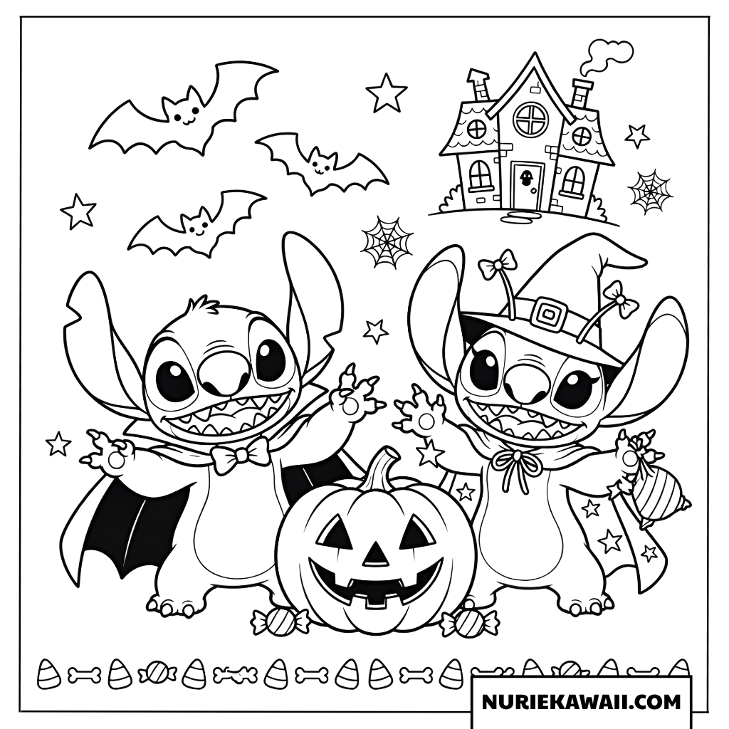 スティッチとエンジェル ハロウィンパーティー 塗り絵