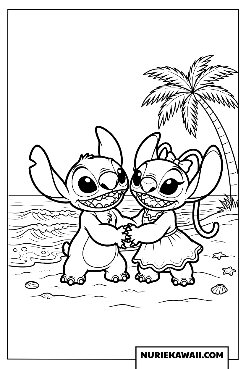 スティッチとエンジェル ビーチの手つなぎ 塗り絵