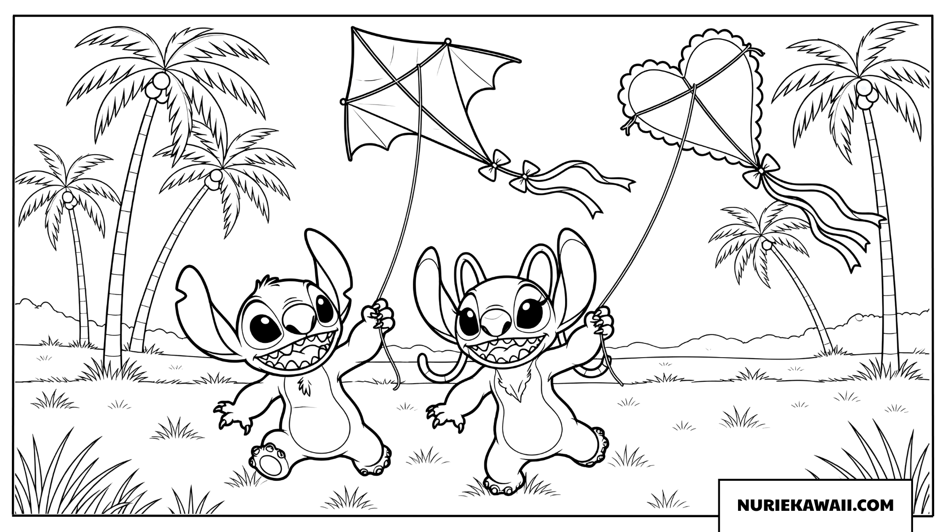 スティッチとエンジェル 海辺の凧遊び 塗り絵