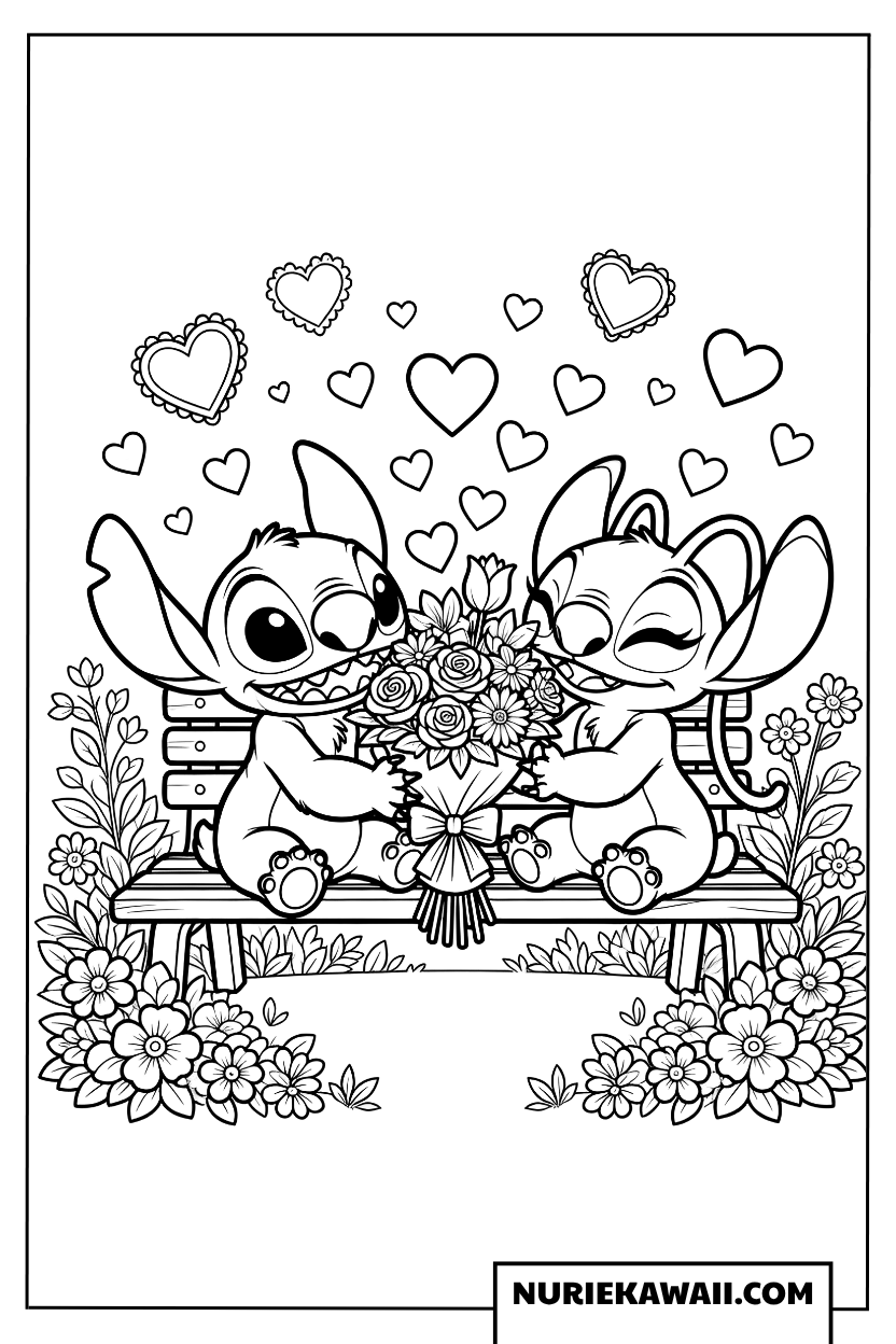 スティッチとエンジェル 花束プレゼント 塗り絵