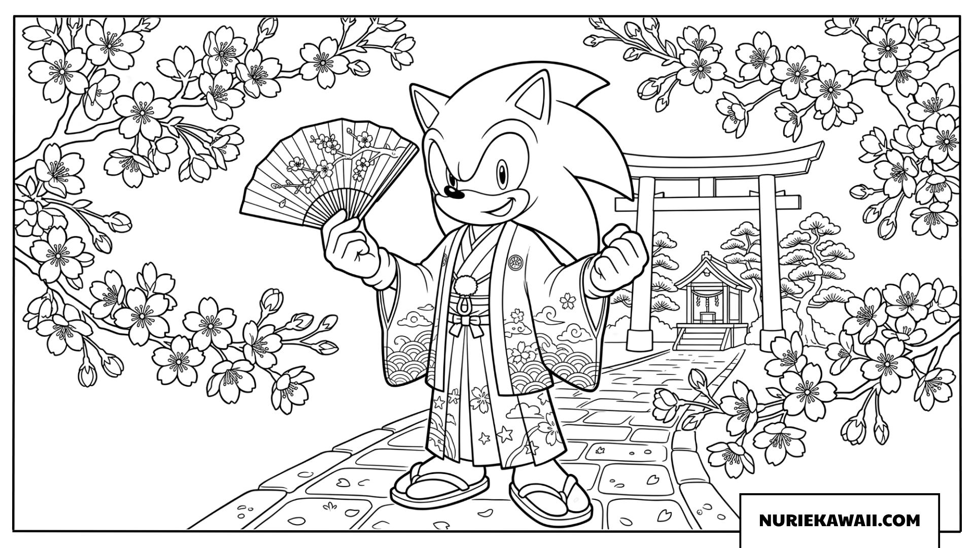 ソニック 着物 桜 神社 塗り絵