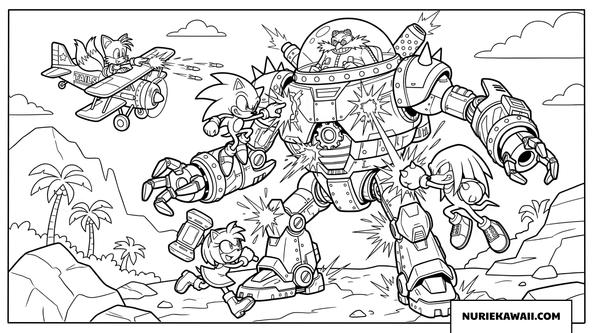 ソニック対エッグマン博士の巨大ロボットバトル塗り絵