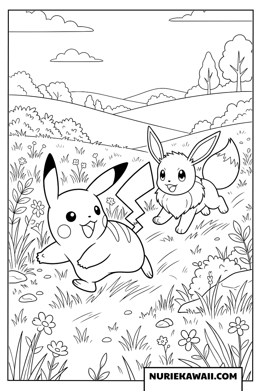 ピカチュウ イーブイ草原遊び 塗り絵