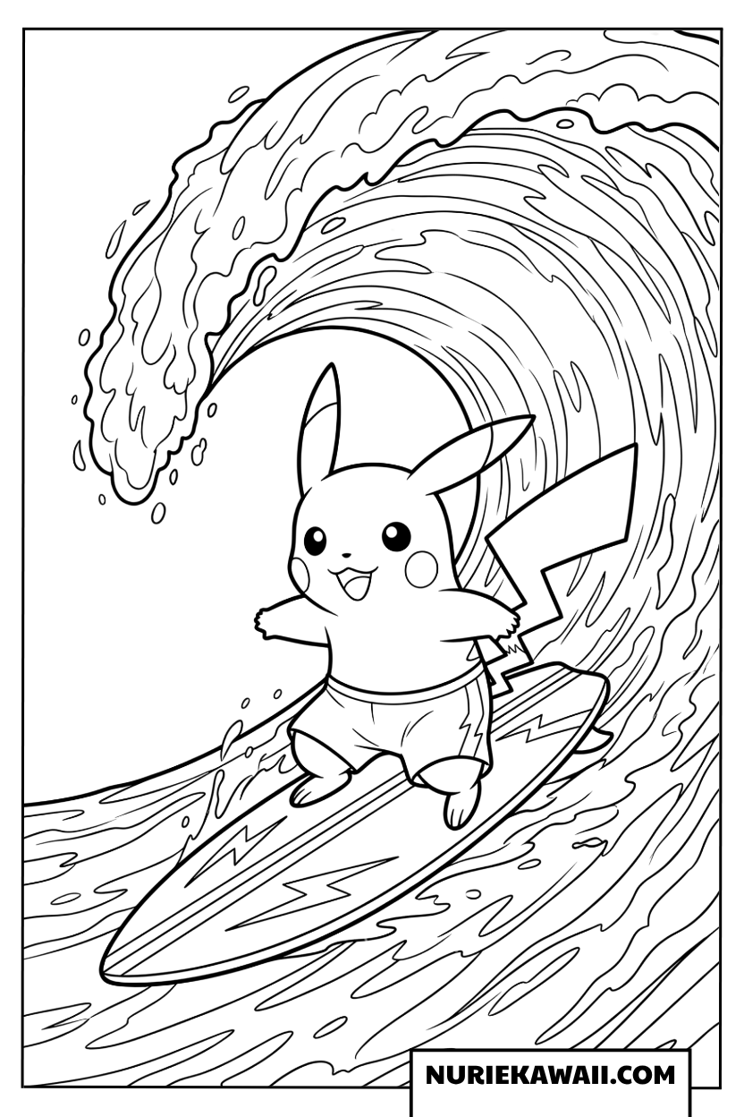 ピカチュウ サーフィン 波乗り 夏 塗り絵