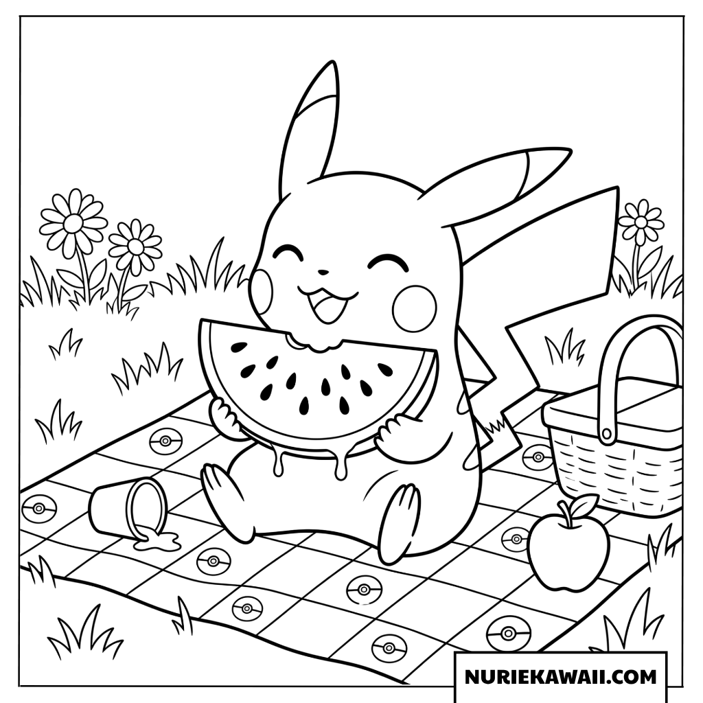 ピカチュウ スイカ ピクニック 夏 塗り絵