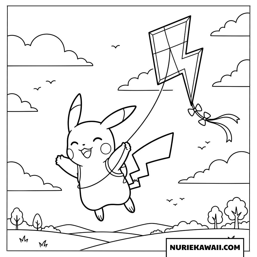 ピカチュウ 凧あげ 空を飛ぶ 塗り絵
