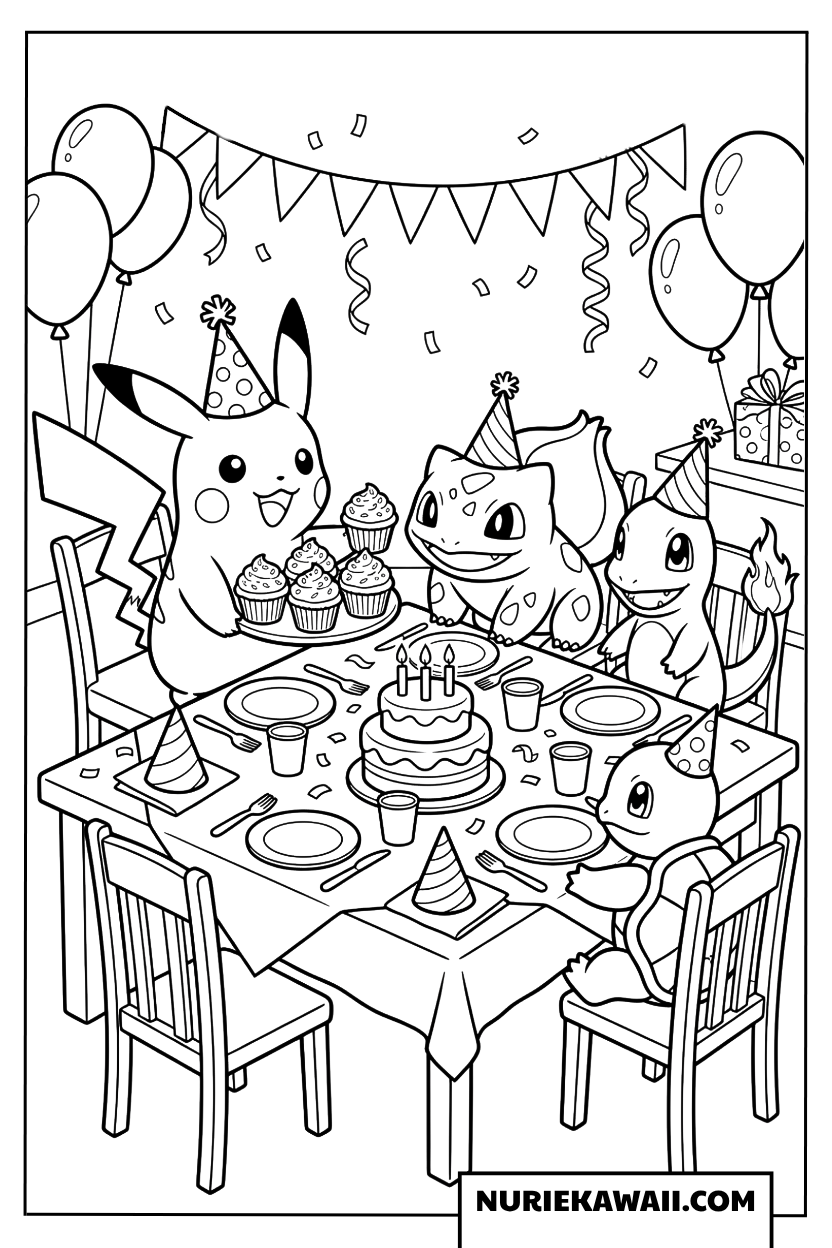 ピカチュウ 友達誕生日パーティー 塗り絵