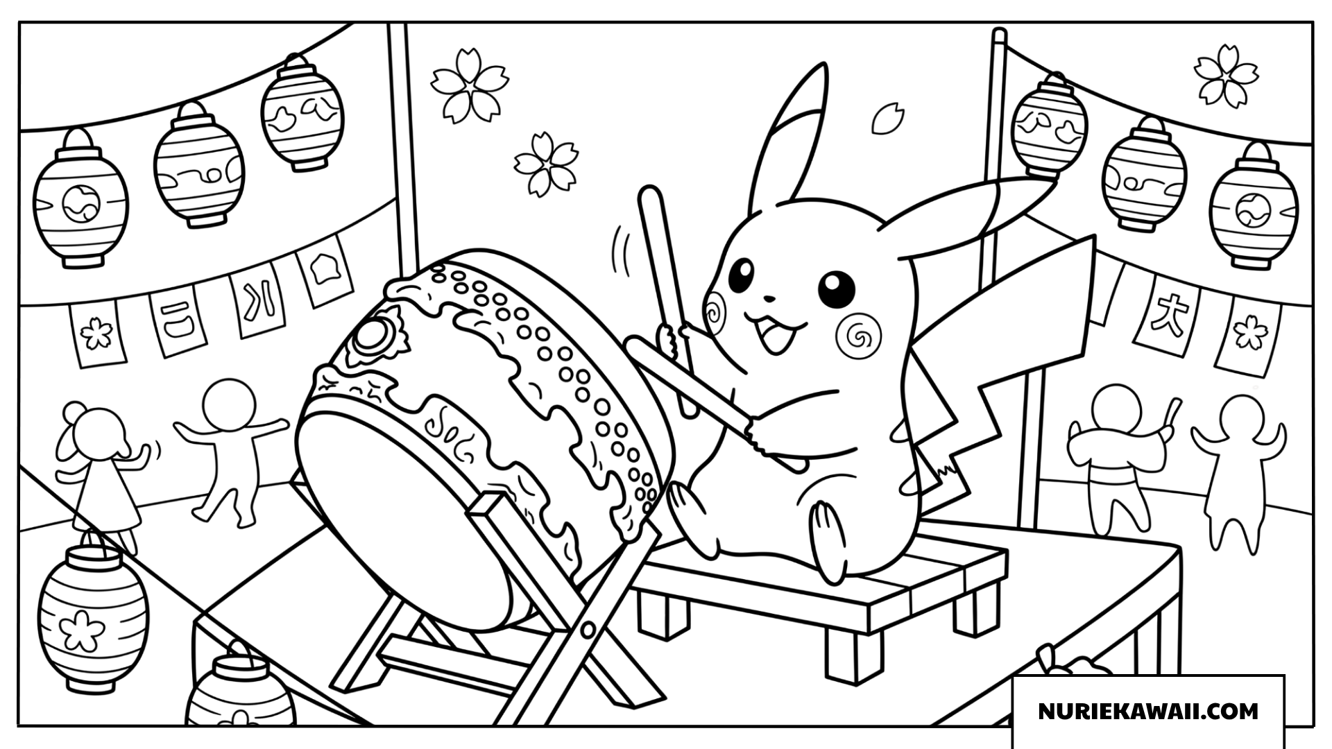 ピカチュウ 太鼓 夏祭り 塗り絵