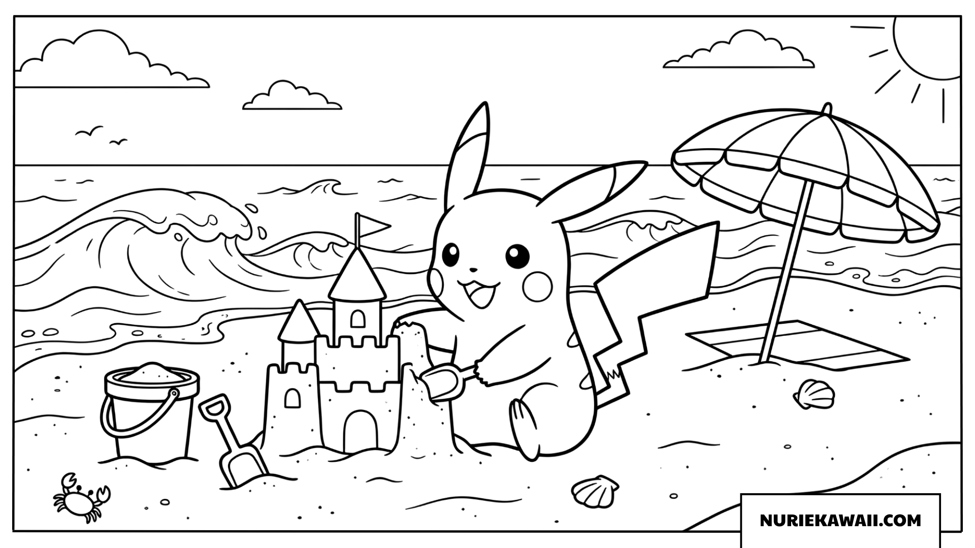 ピカチュウ 砂のお城 海辺 塗り絵