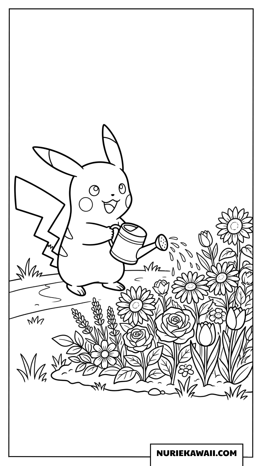ピカチュウ 花に水やり 夏 塗り絵