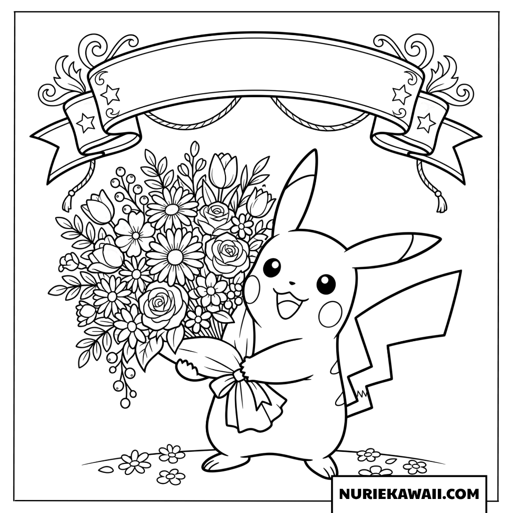 ピカチュウ 花束お祝い 塗り絵