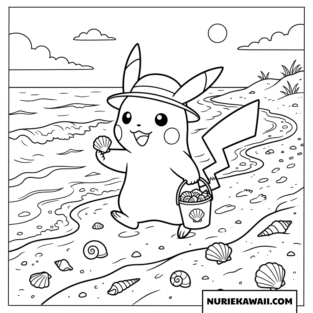 ピカチュウ 貝殻集め 夏 塗り絵