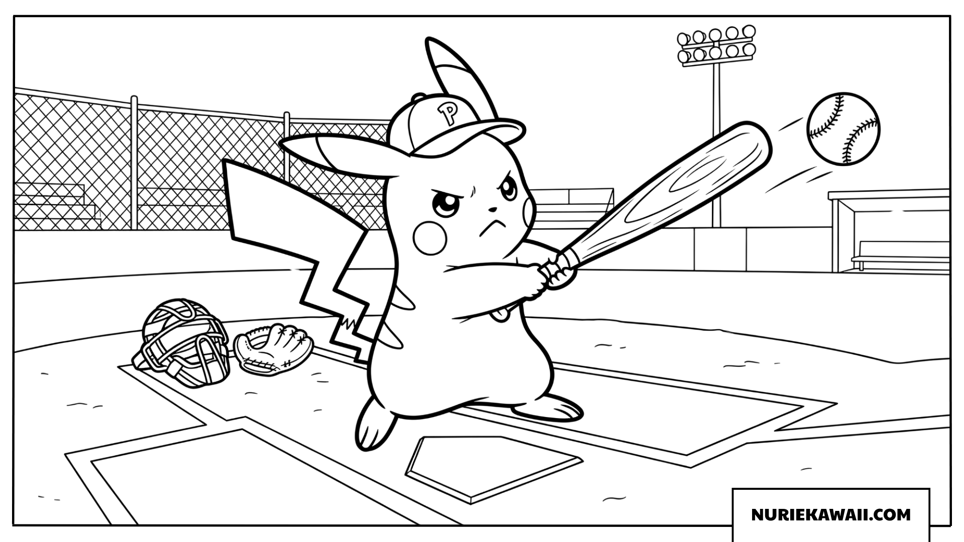 ピカチュウ 野球バッティング 塗り絵