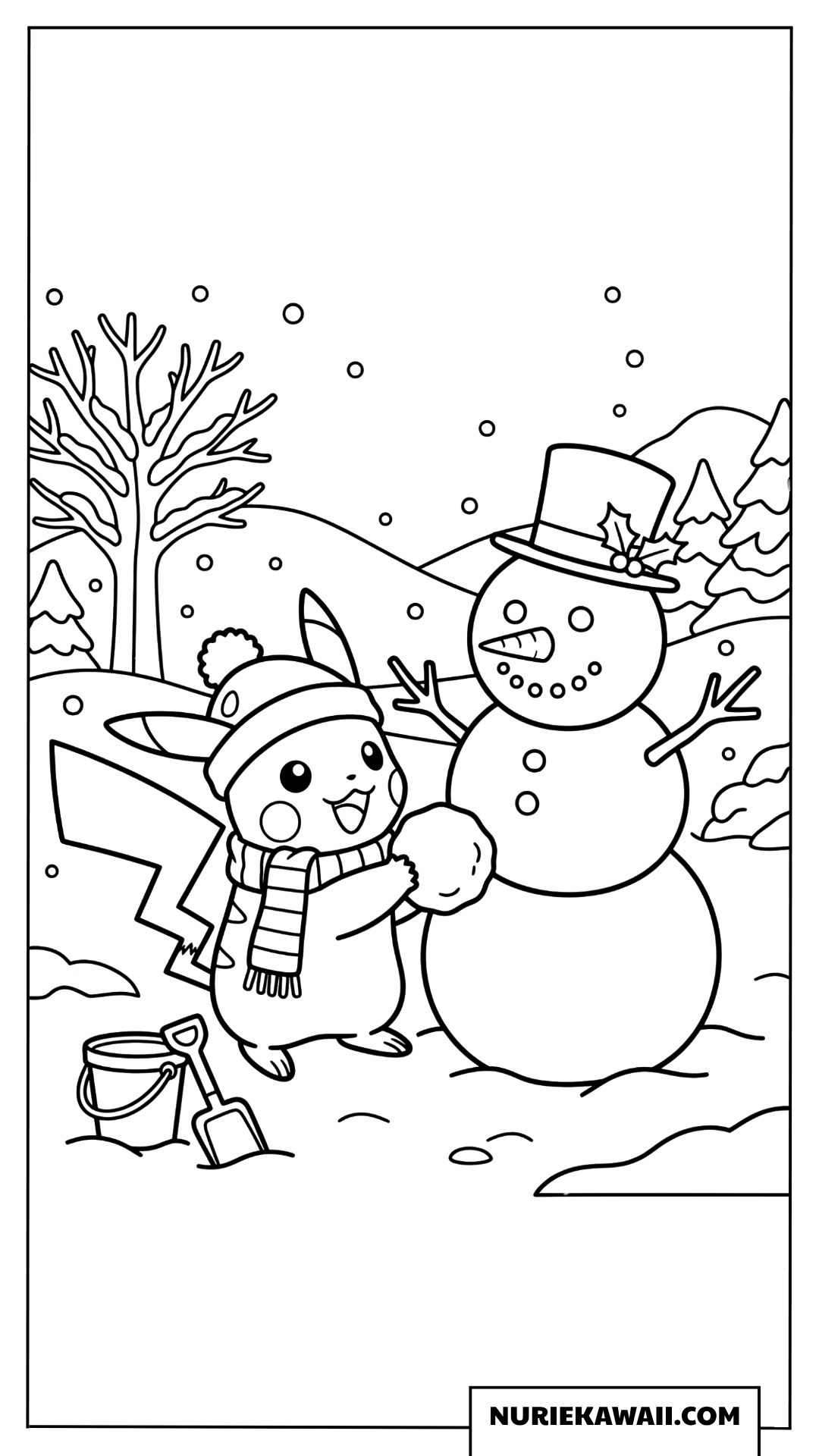 ピカチュウ 雪だるま作り 冬 塗り絵