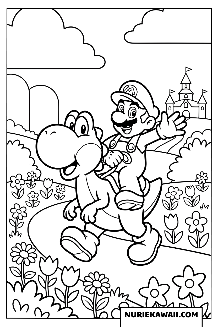 マリオ ヨッシーと花畑散歩 塗り絵