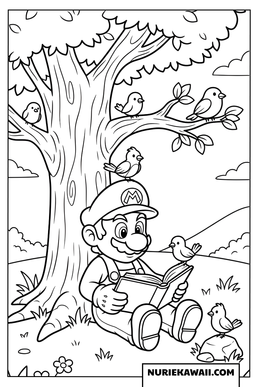 マリオ 木の下で読書する 塗り絵