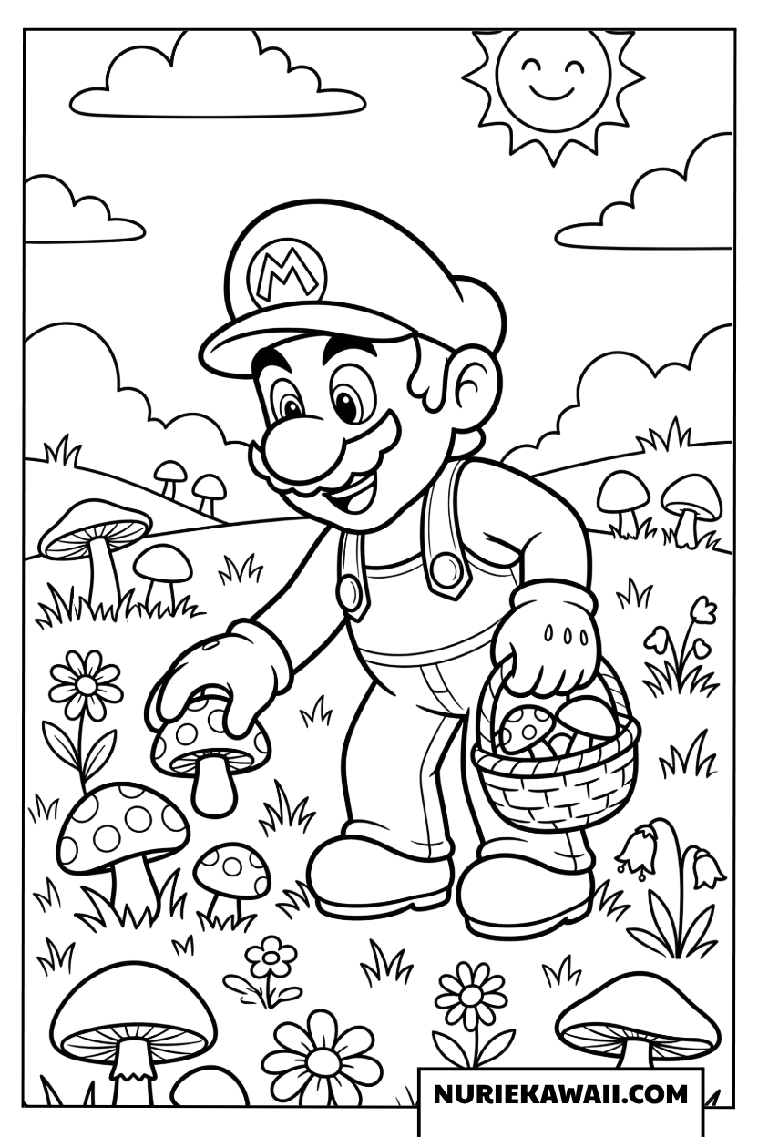 マリオ 森で きのこ探し 塗り絵