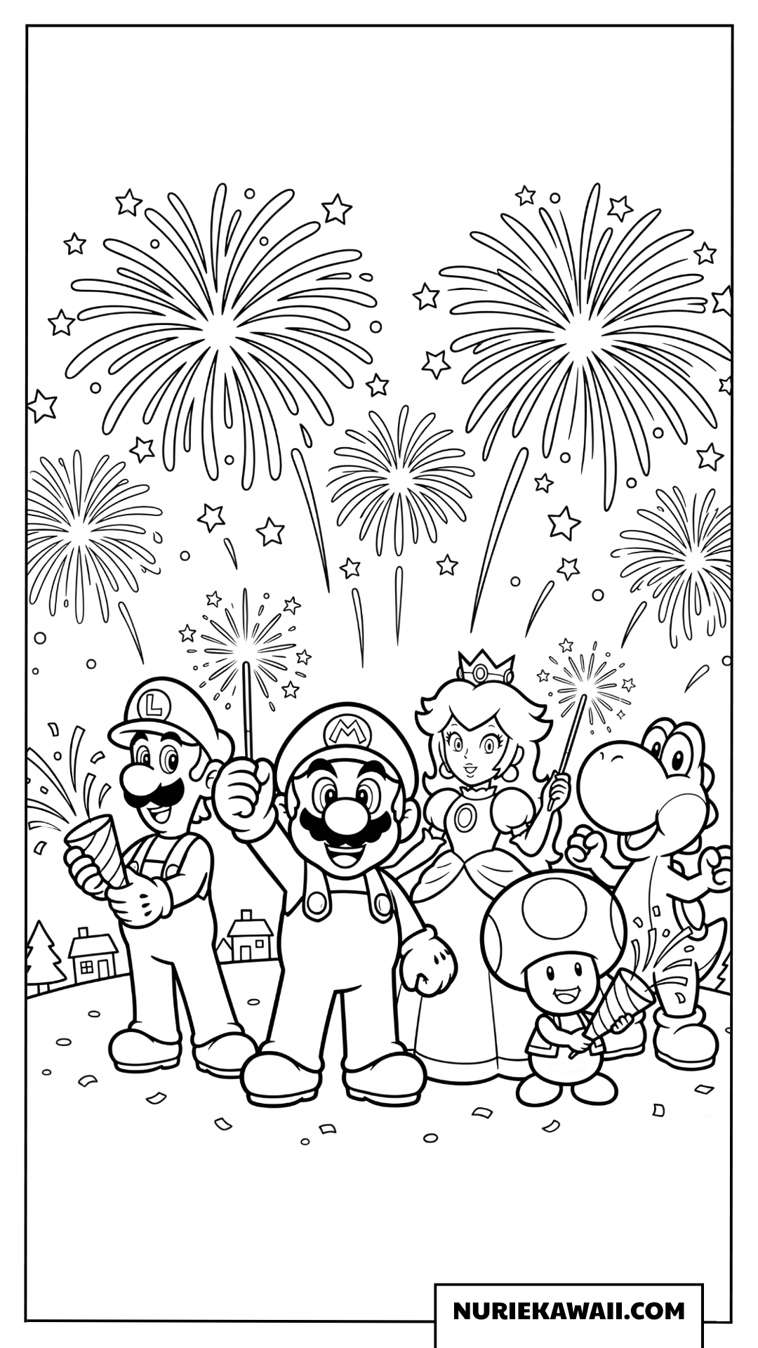 マリオたちの冬の新年花火塗り絵