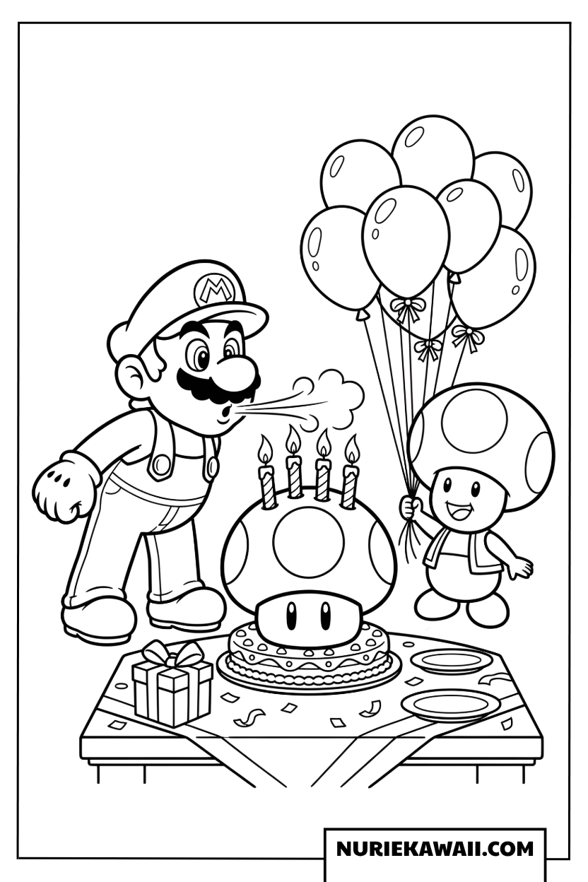 マリオとキノピオの誕生日お祝い塗り絵