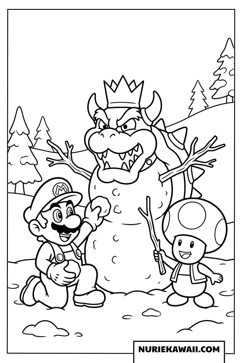 マリオとキノピオの雪だるま塗り絵
