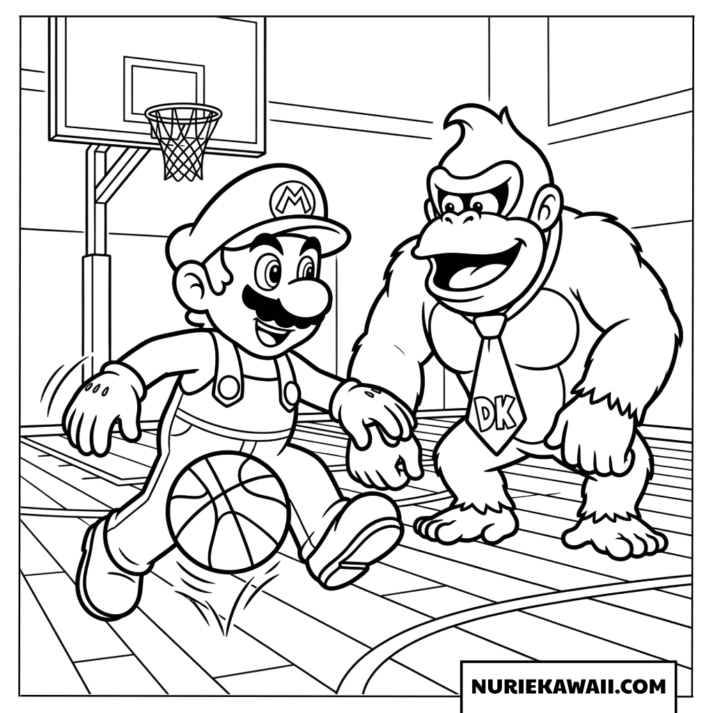 マリオとドンキーコングのバスケ塗り絵