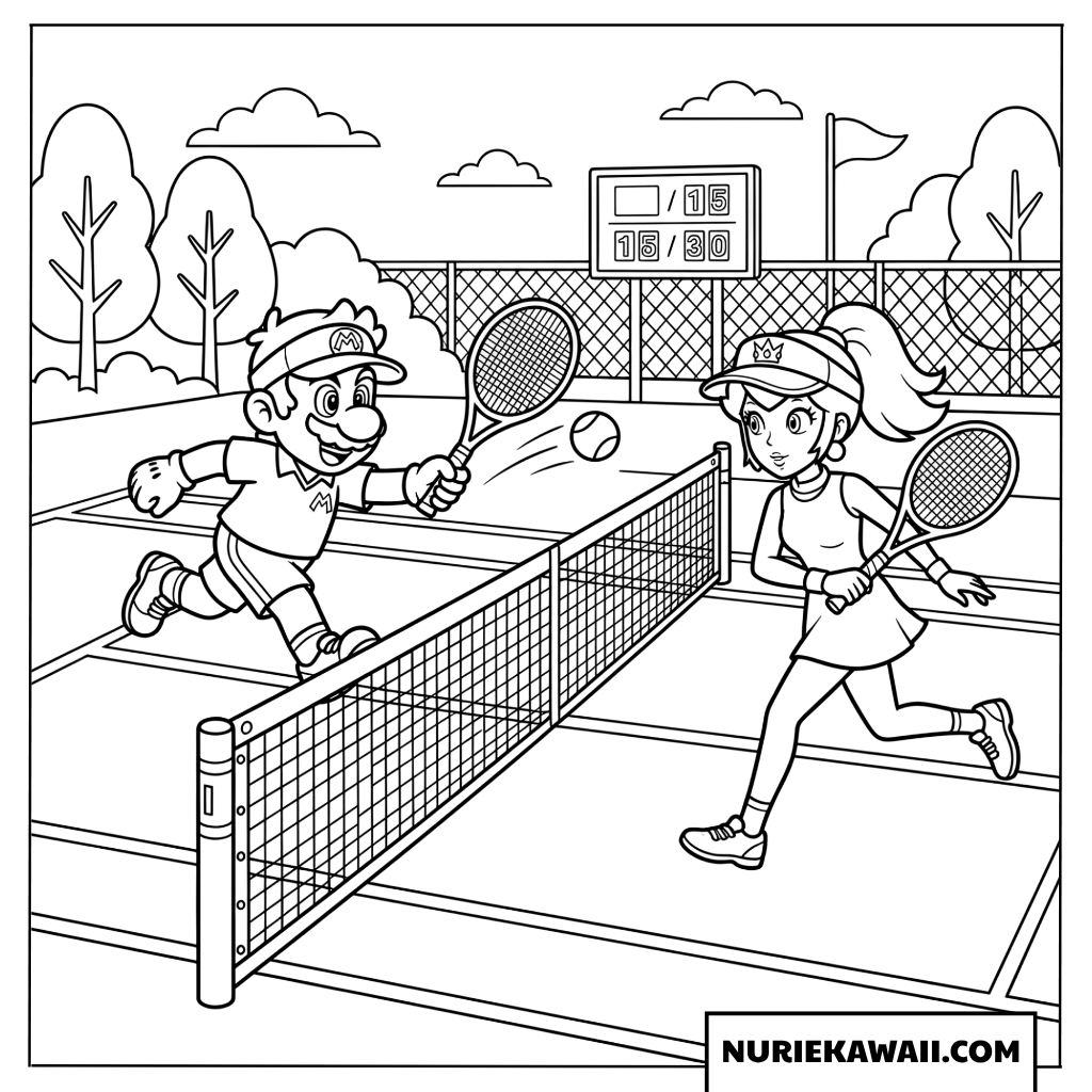 マリオとピーチの夏テニス塗り絵