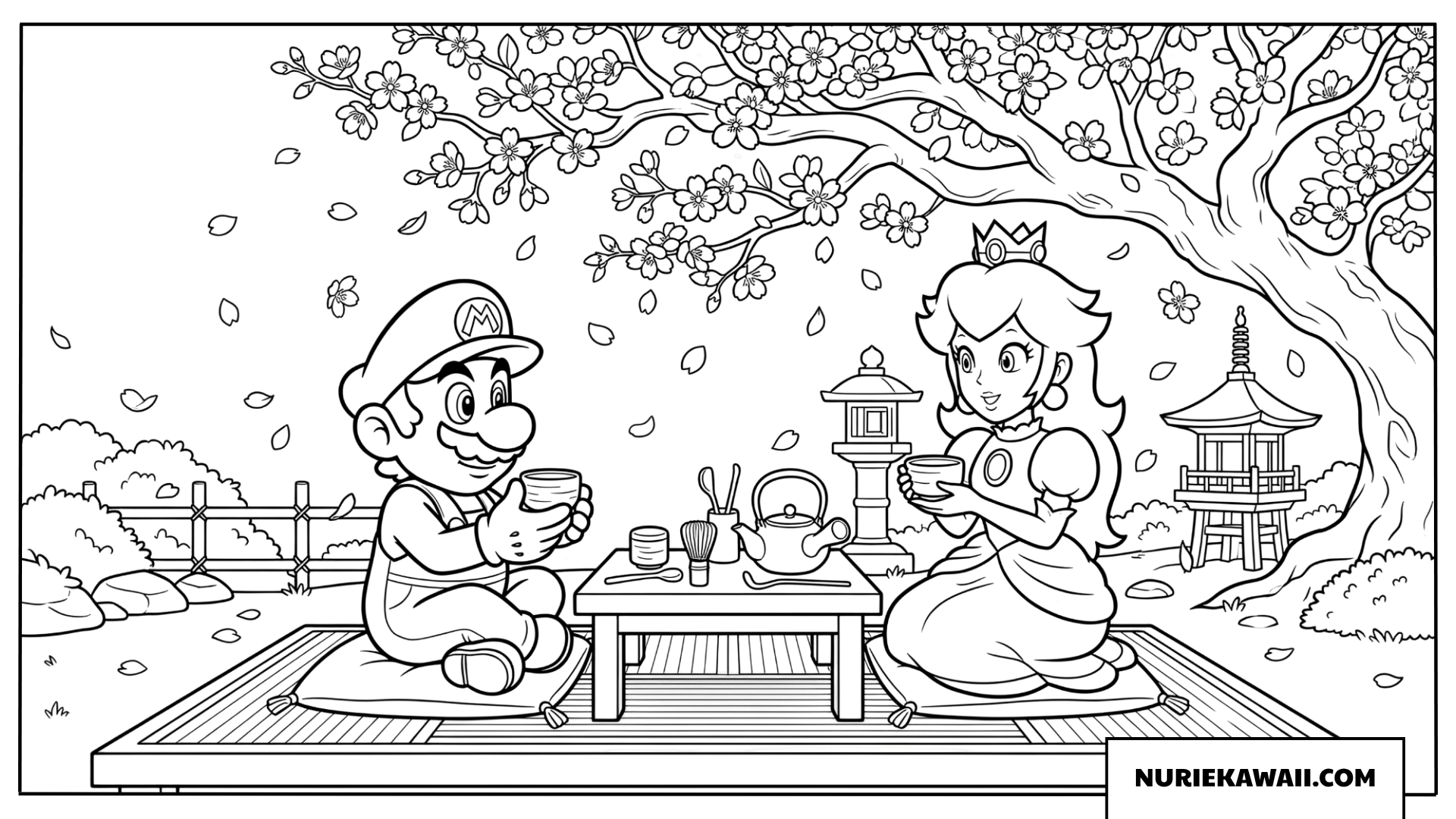 マリオとピーチの春のお茶時間塗り絵