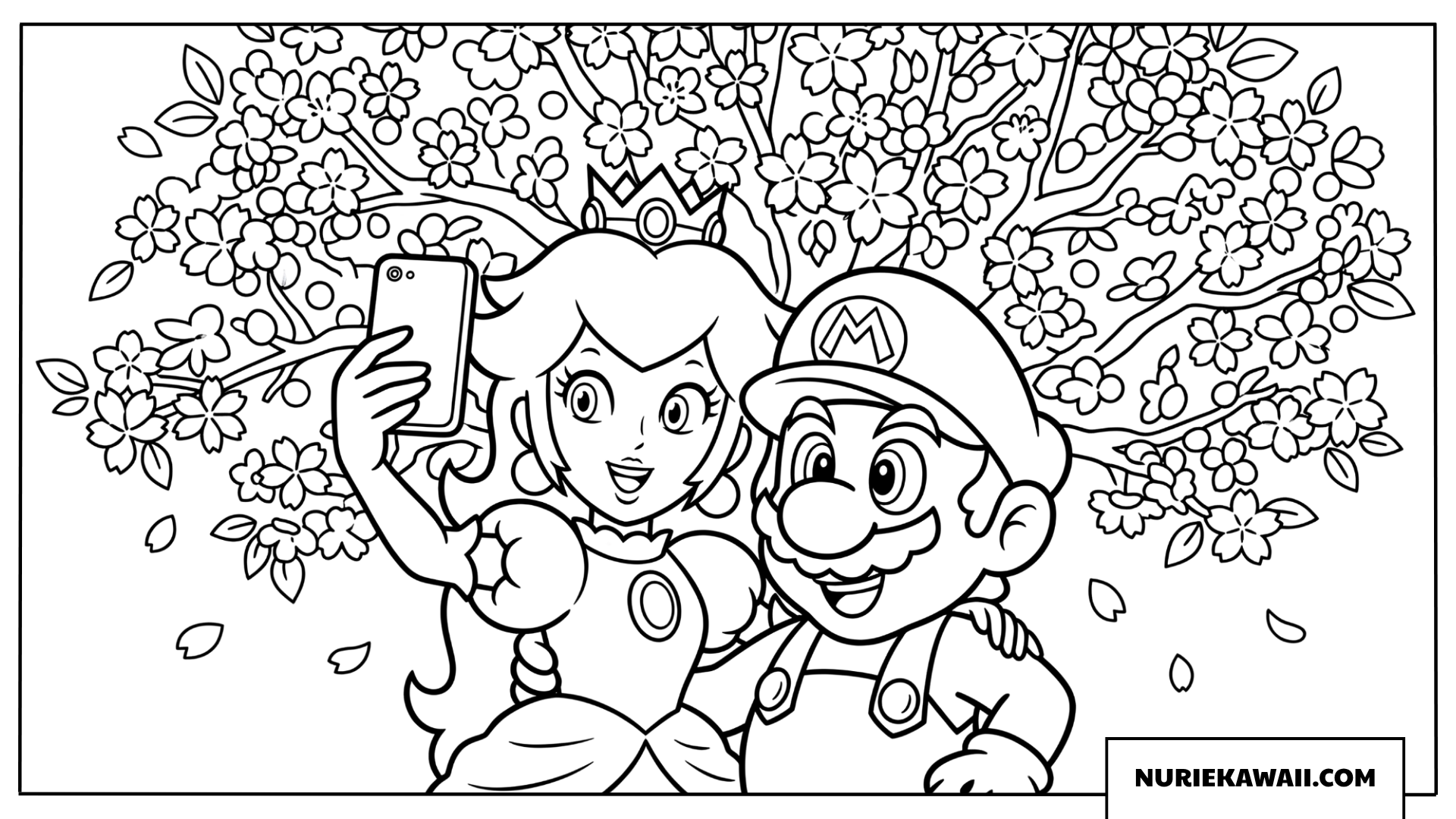 マリオとピーチの春の桜セルフィー塗り絵