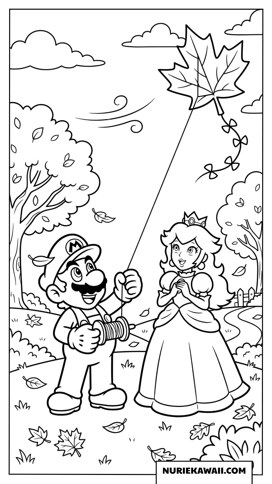 マリオとピーチの秋空たこあげ塗り絵