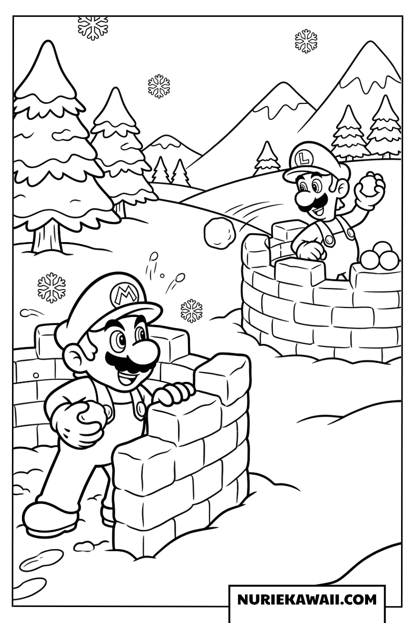 マリオとルイージの雪合戦塗り絵
