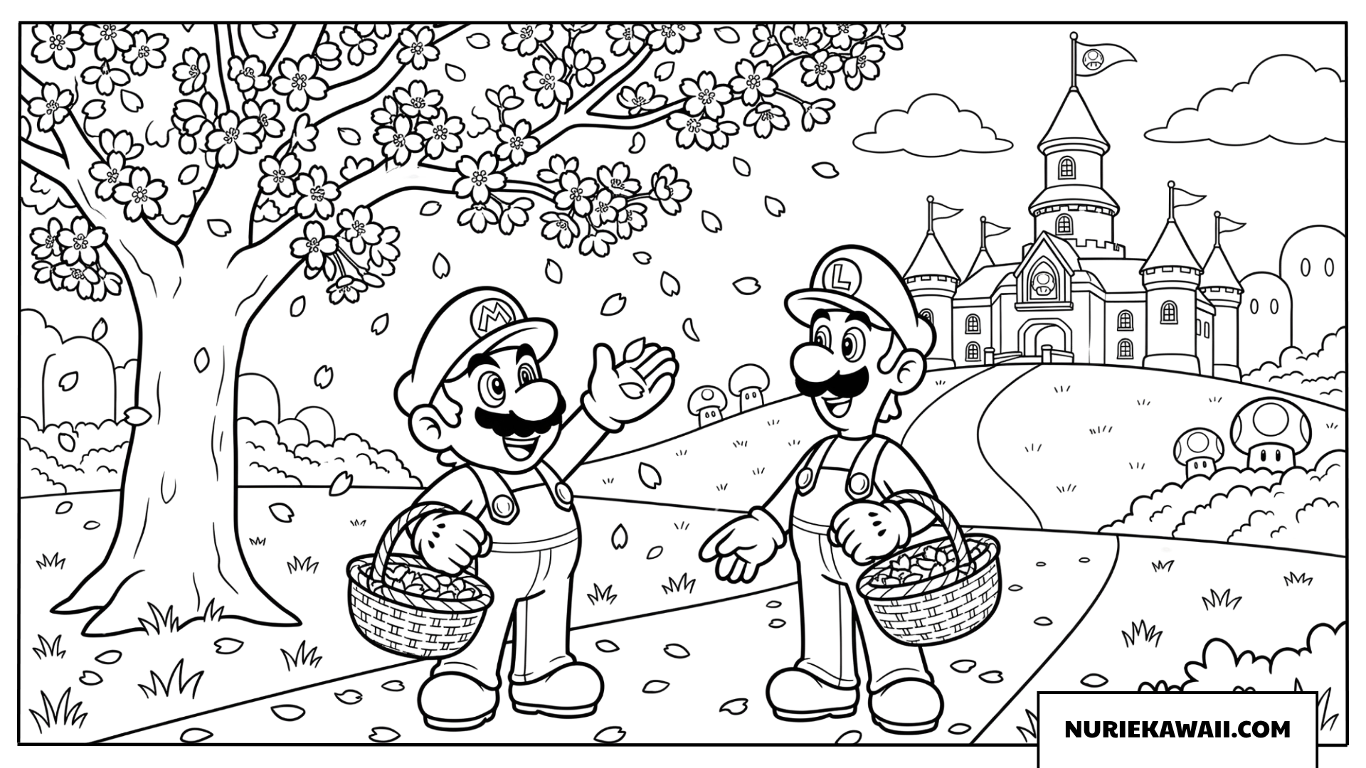 マリオとルイージ春の花びら集め塗り絵