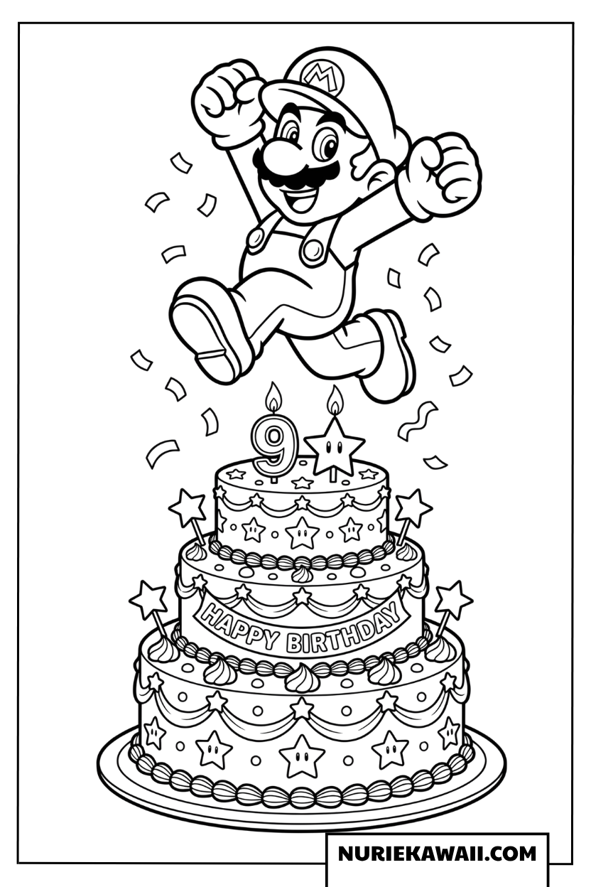 マリオのジャンプバースデーケーキ塗り絵