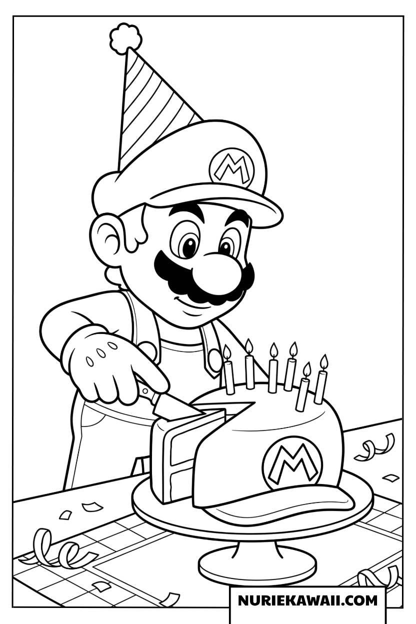 マリオのバースデーケーキカット塗り絵