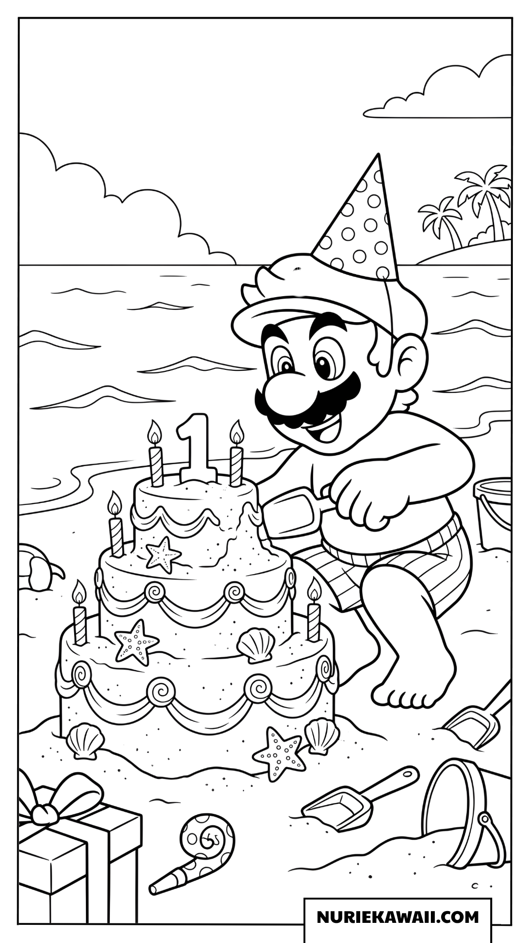 マリオの夏の誕生日砂のケーキ塗り絵